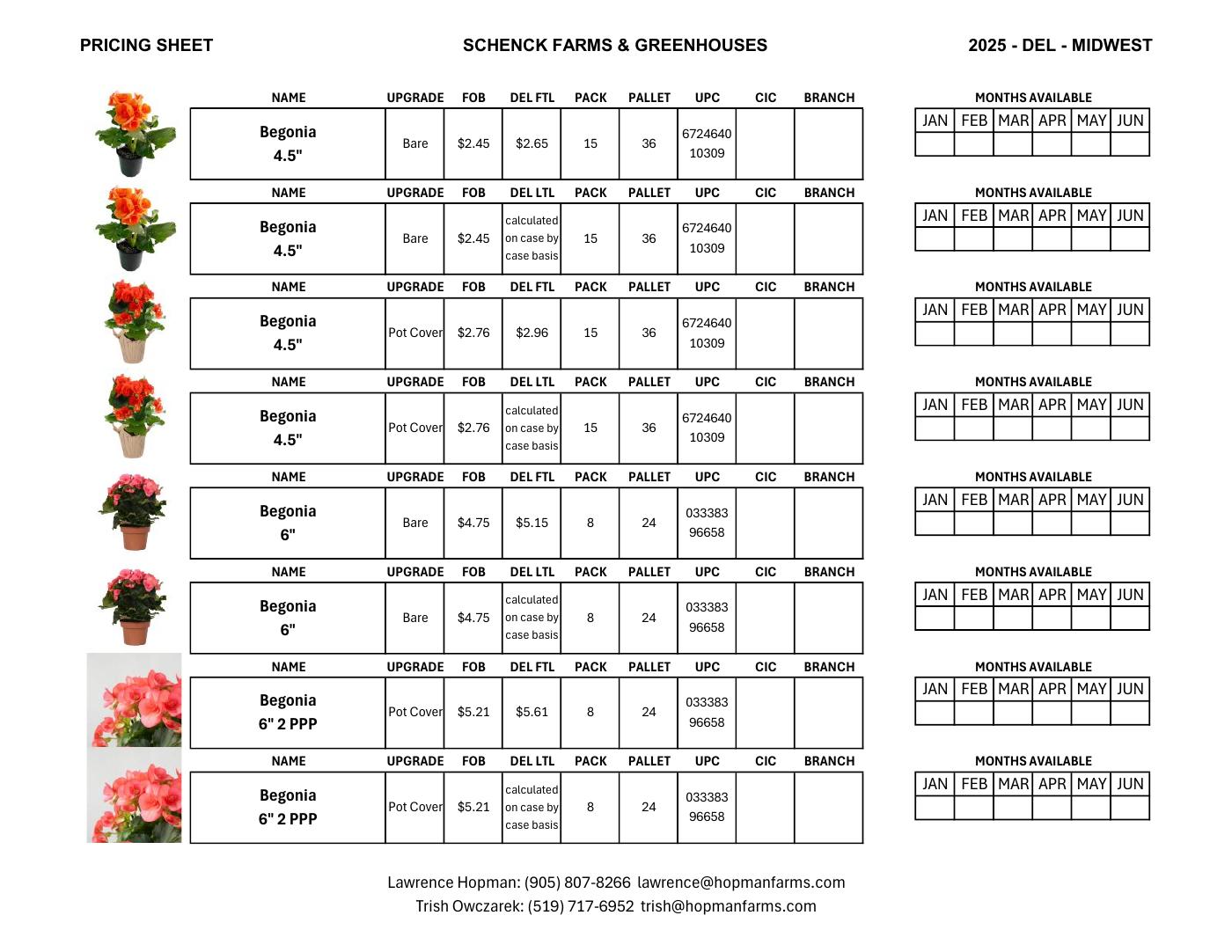 Schenck farms greenhouses pricing sheet 2025