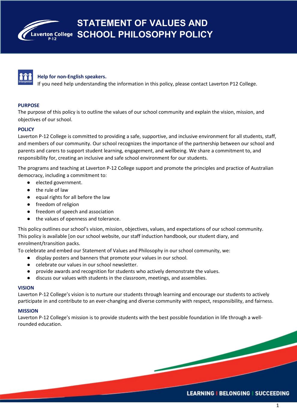 Statement of Values and School Philosophy Policy