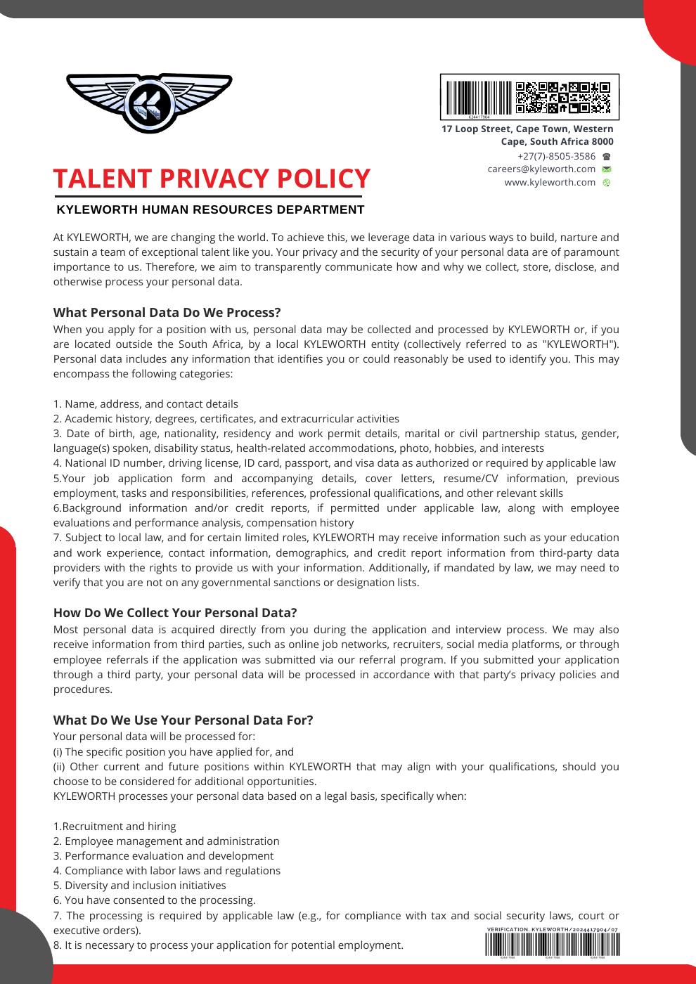 KYLEWORTH Talent Privacy Policy | PDF to Flipbook