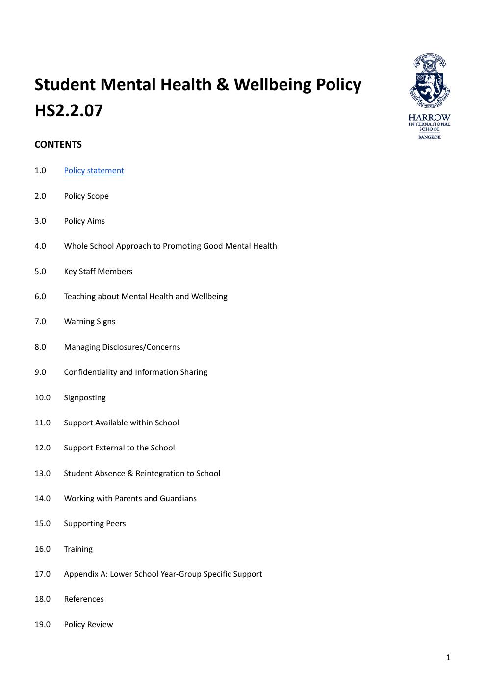 Student Mental Health & Wellbeing Policy HS2.2.07