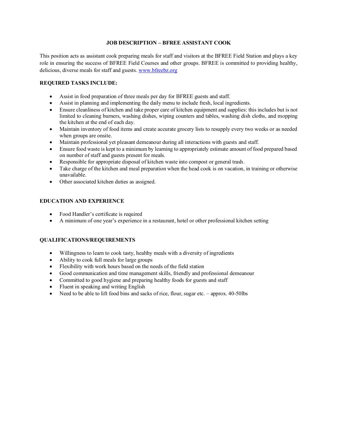 BFREE Assistant Cook Job Description | PDF to Flipbook