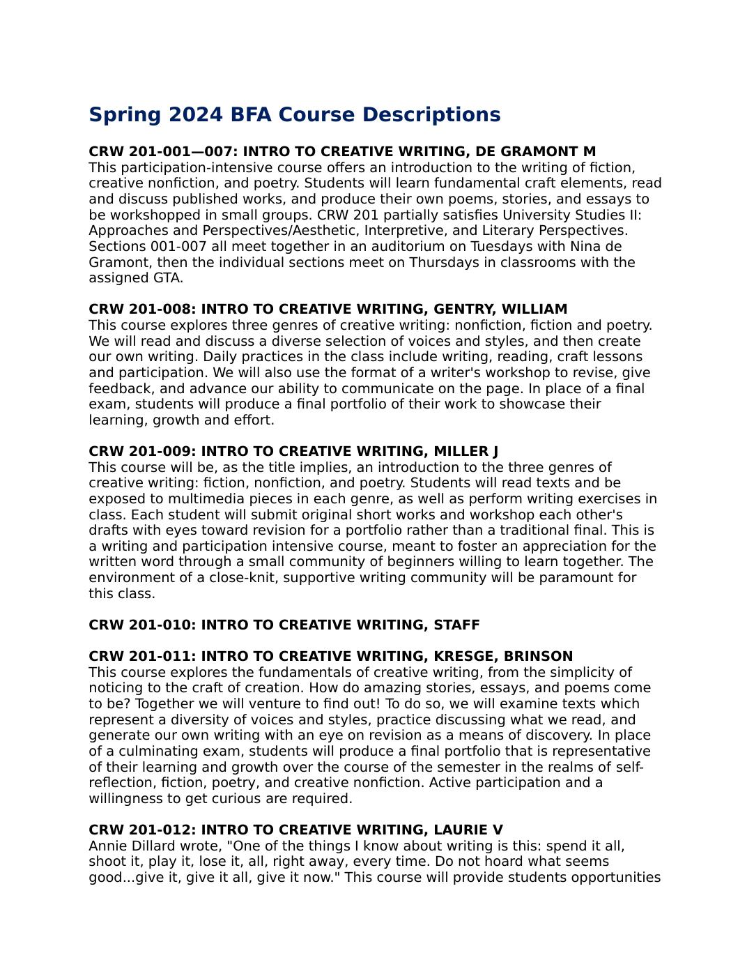 Spring 2024 BFA Course Descriptions | PDF to Flipbook