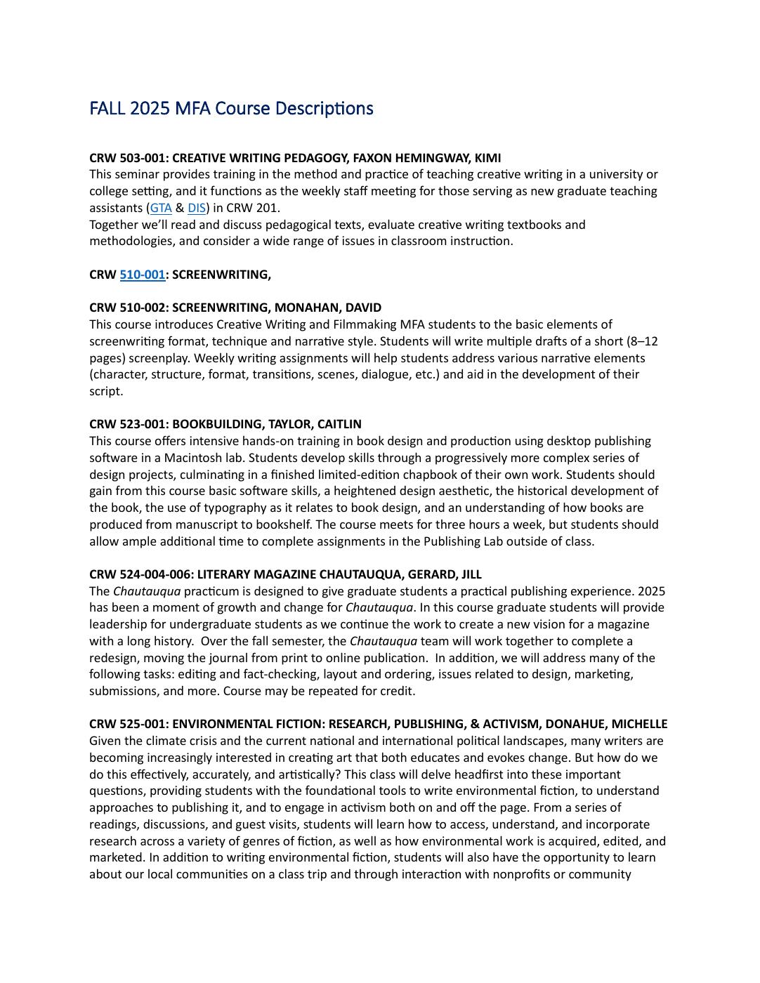 Fall 2025 MFA COURSE DESCRIPTIONS | PDF to Flipbook