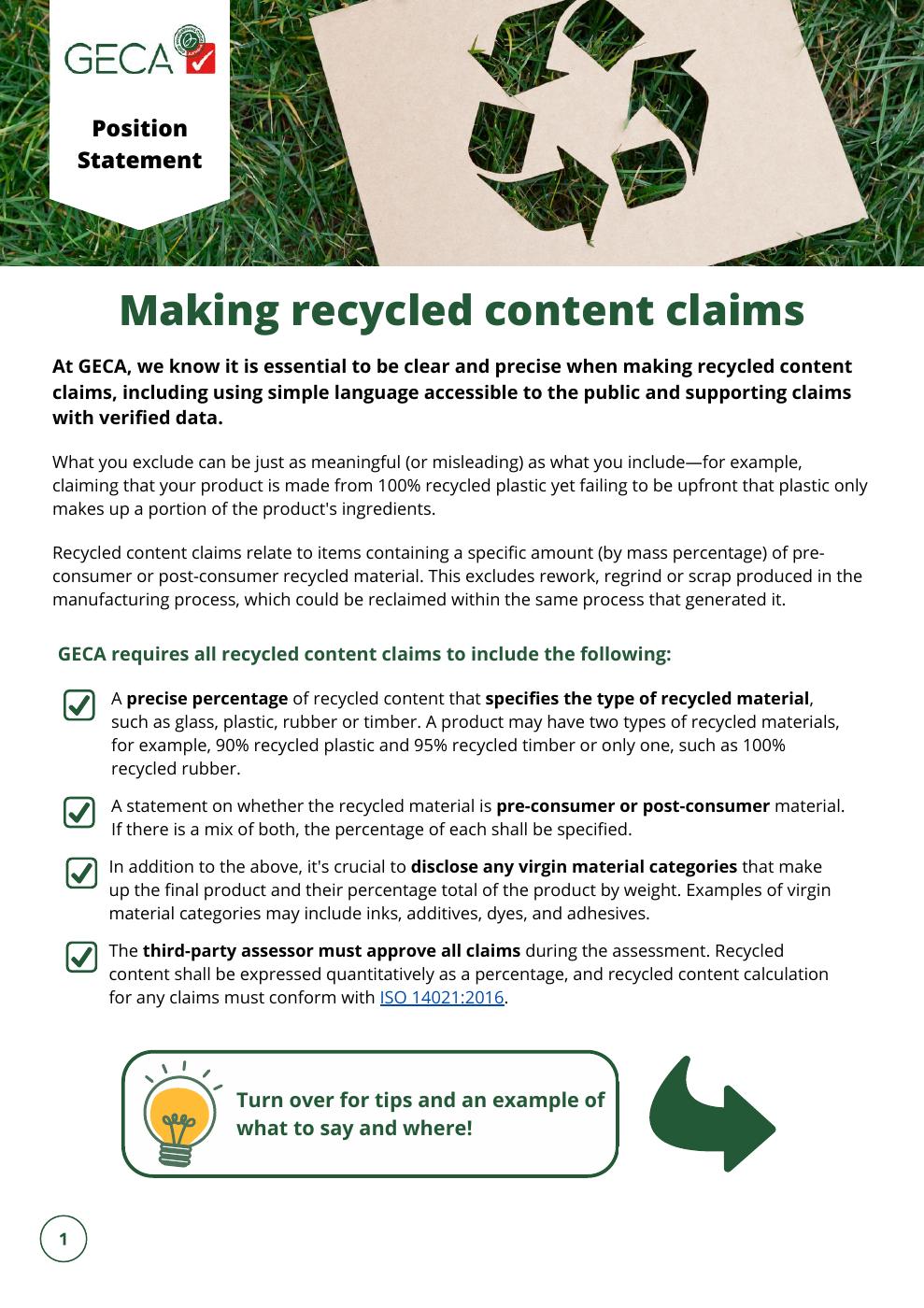 GECA Position Statement - Making recycled content claims