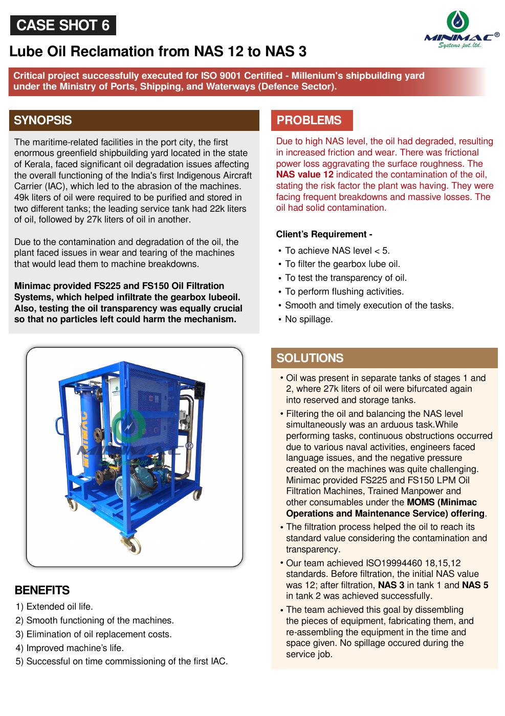Lube Oil Reclamation from NAS 12 to NAS 3