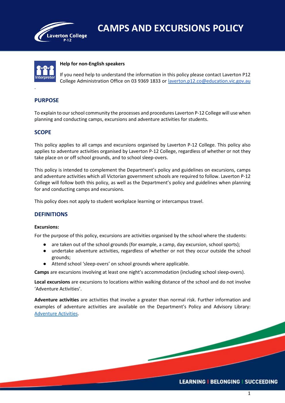 Camps and Excursions Policy