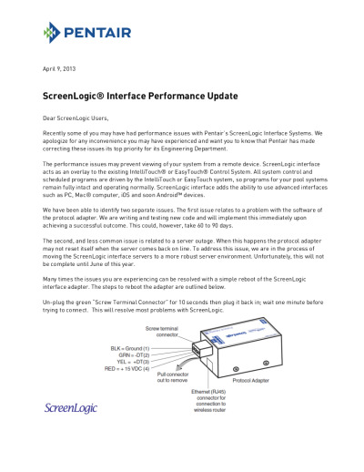 ScreenLogic Interface Performance Update (English)