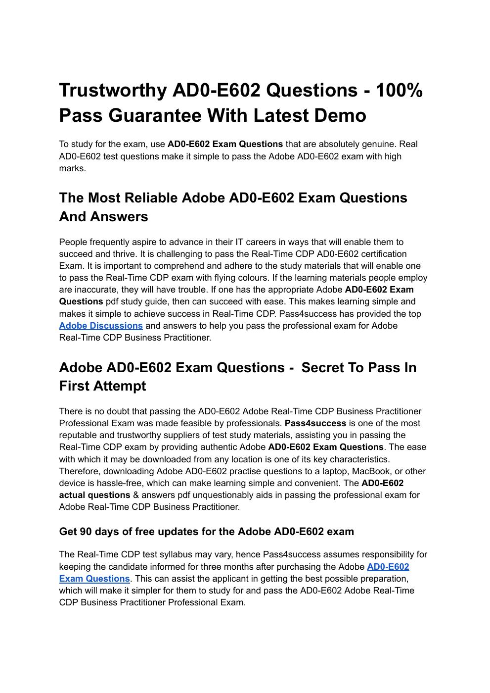 Trustworthy AD0-E602 Questions - 100% Pass Guarantee With Latest Demo ...