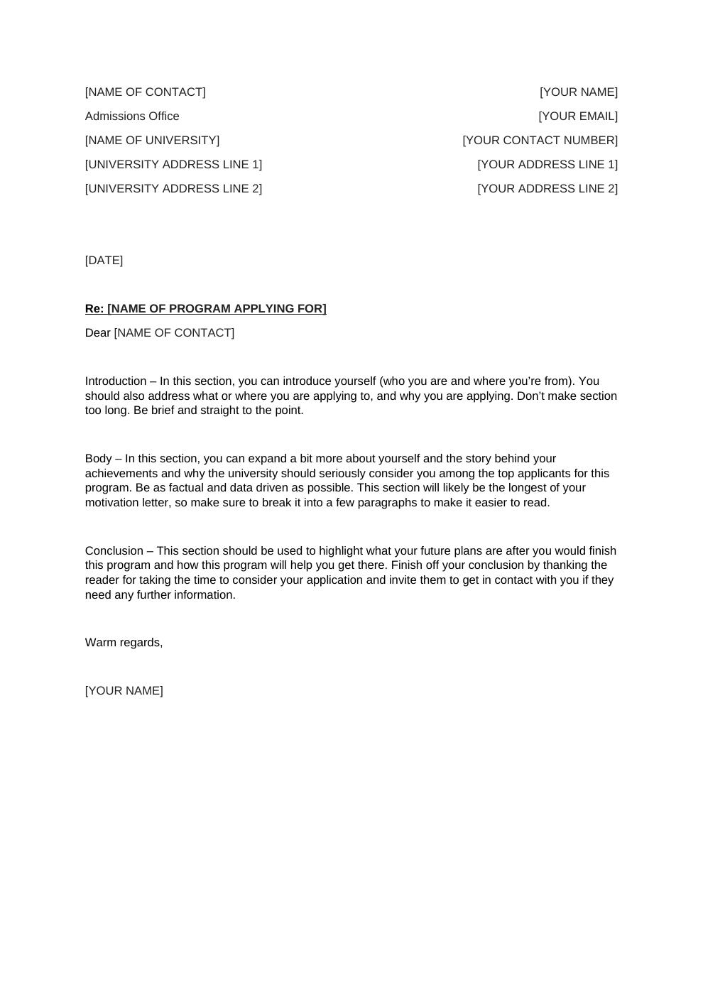 Motivation letter template