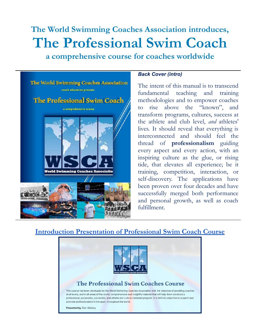 Introduction of WSCA Swim Coach Course Book