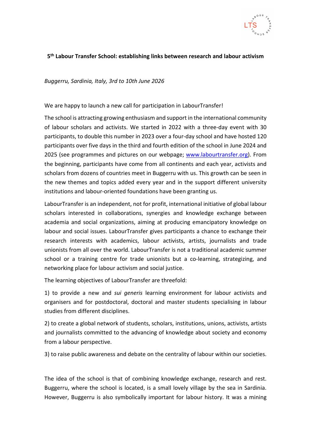 5th Labour Transfer School: establishing links between research and ...