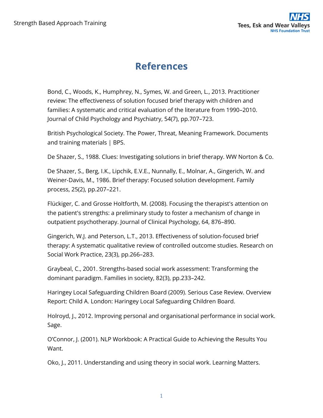 Strength Based Approach Training References