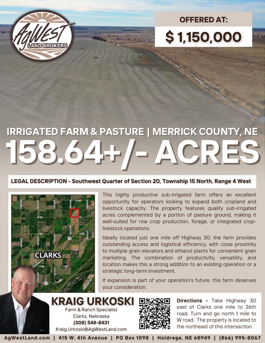 158.64 +/- Acre Irrigated Farm & Pasture in Merrick County, NE