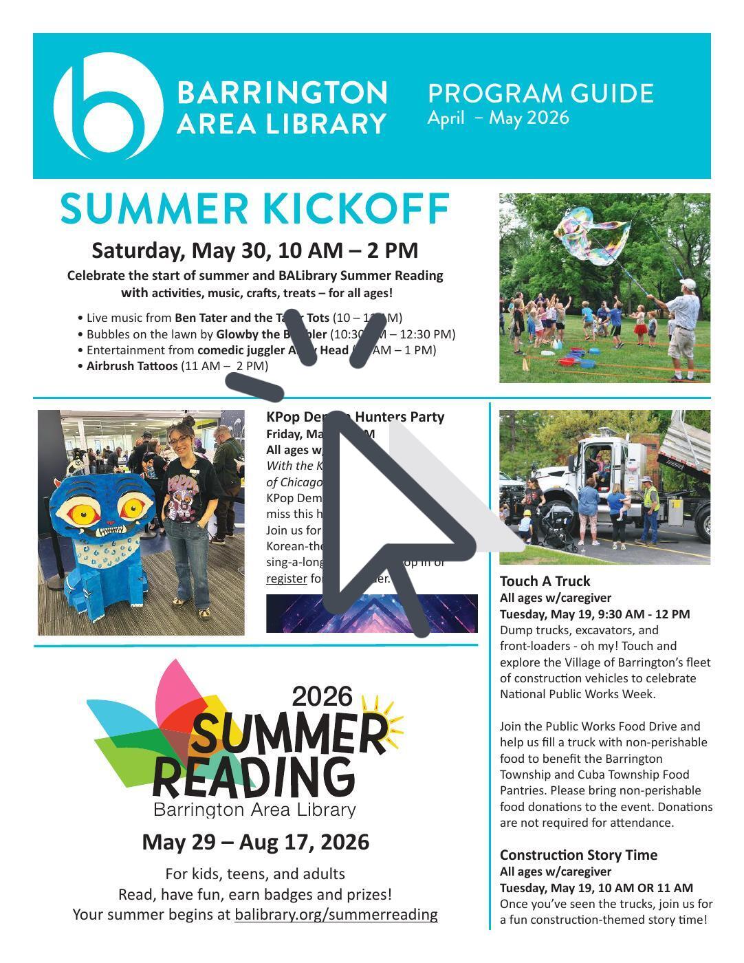 Cover image of newest Library Program Guide, white and turquoise background colors, cover story about Summer Kickoff party and Summer Reading