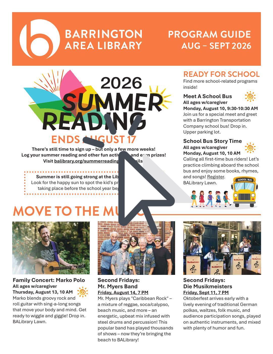 Image of the cover of the August and September 2026 Program Guide, includes a link to open the program guide on a website called Heyzine