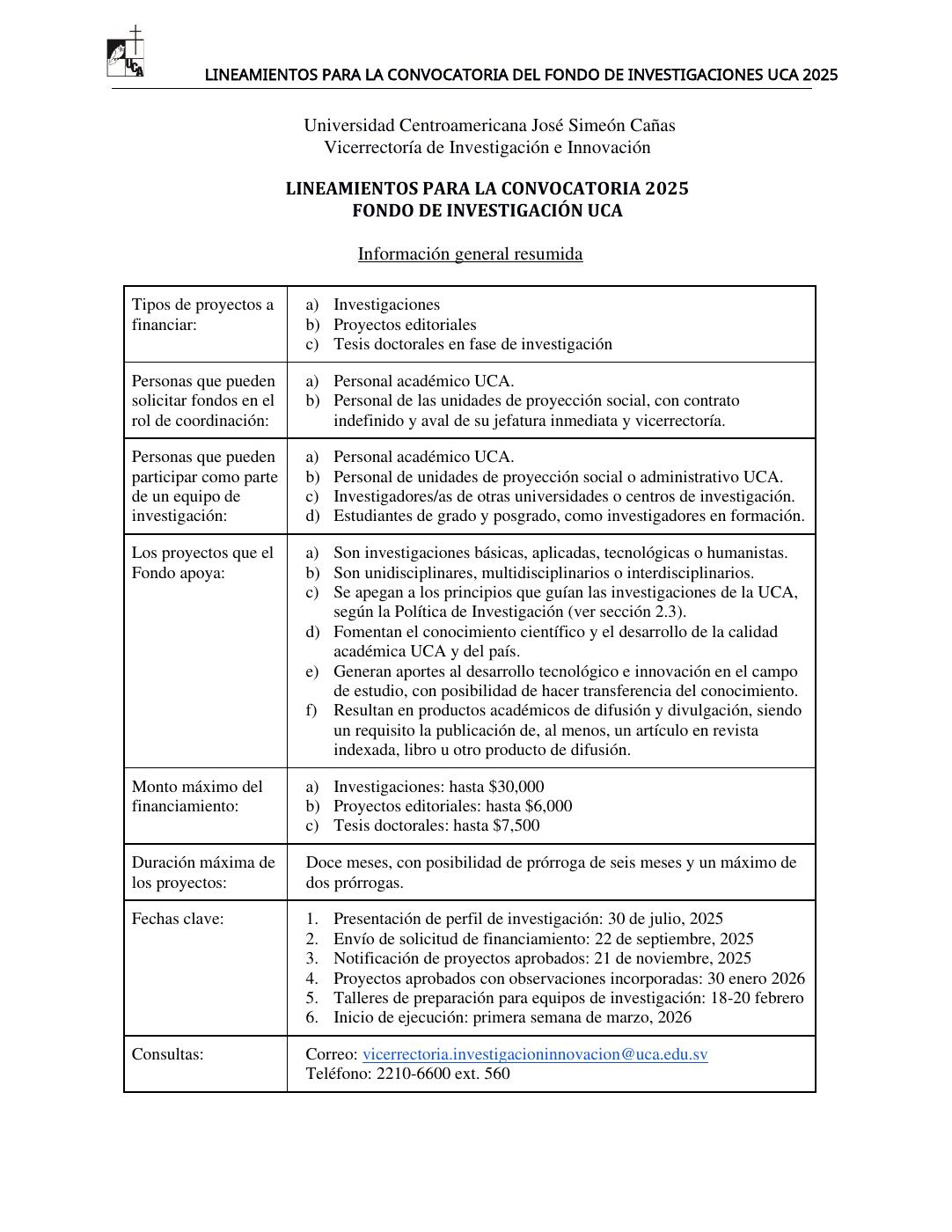 Lineamientos Convocatoria 2024 Financiamiento Investigaciones. Fondo de Investigaciones UCA.