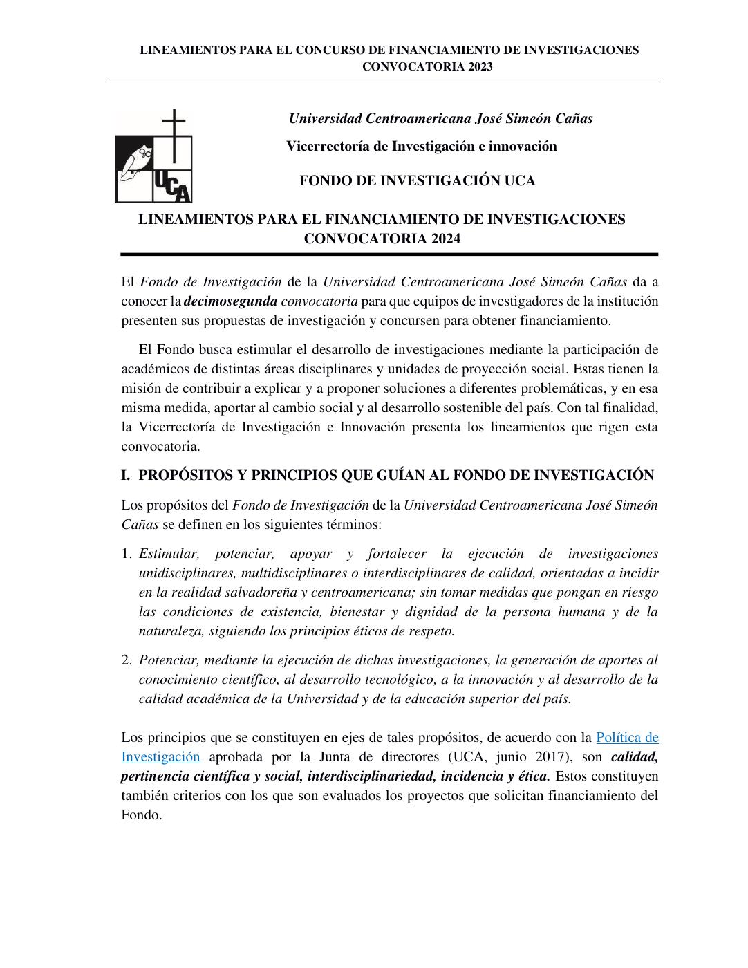 Lineamientos Convocatoria 2023 Financiamiento Investigaciones. Fondo de Investigaciones UCA.