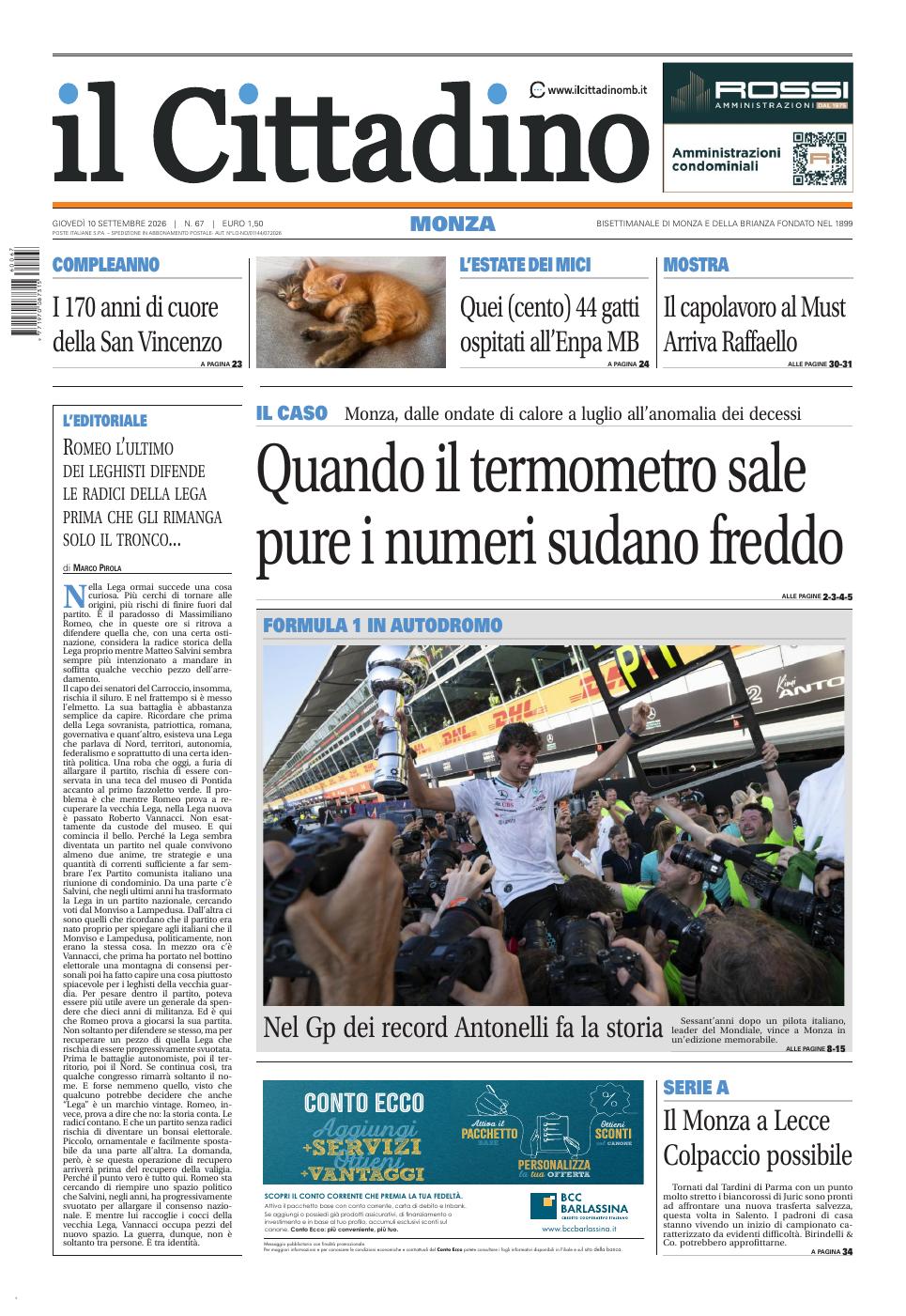 Copertina Il Cittadino di Monza 10 settembre 2026