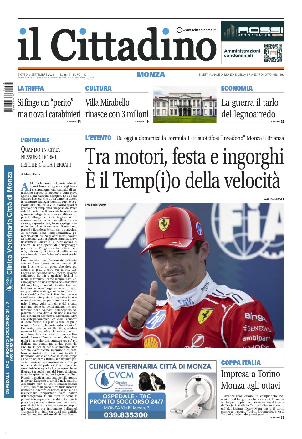 Copertina Il Cittadino di Monza 3 settembre 2026