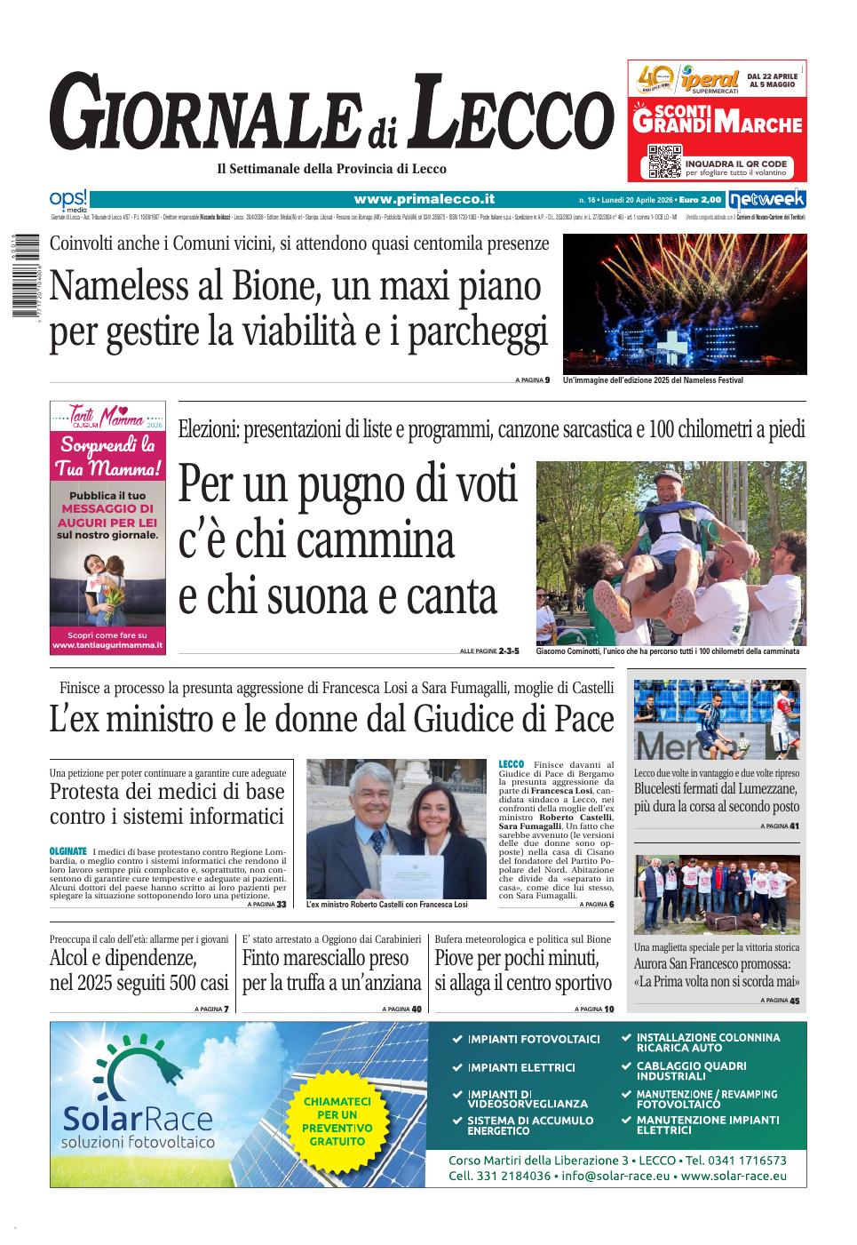 Copertina Giornale di Lecco 16 maggio 2026